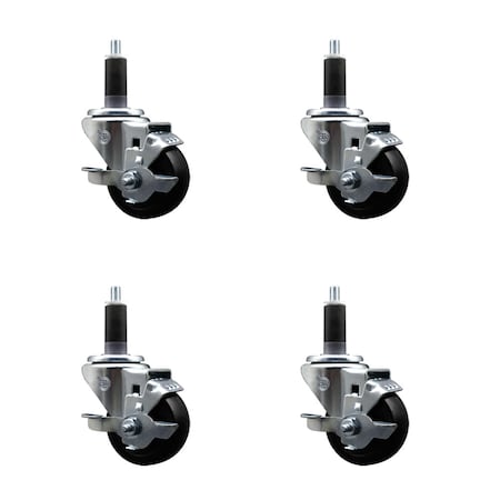 Service Caster 3'' SS Hard Rubber Swivel 1-1/8'' Expanding Stem Caster Set with Brake, 4PK SCC-SSEX20S314-HRS-TLB-118-4